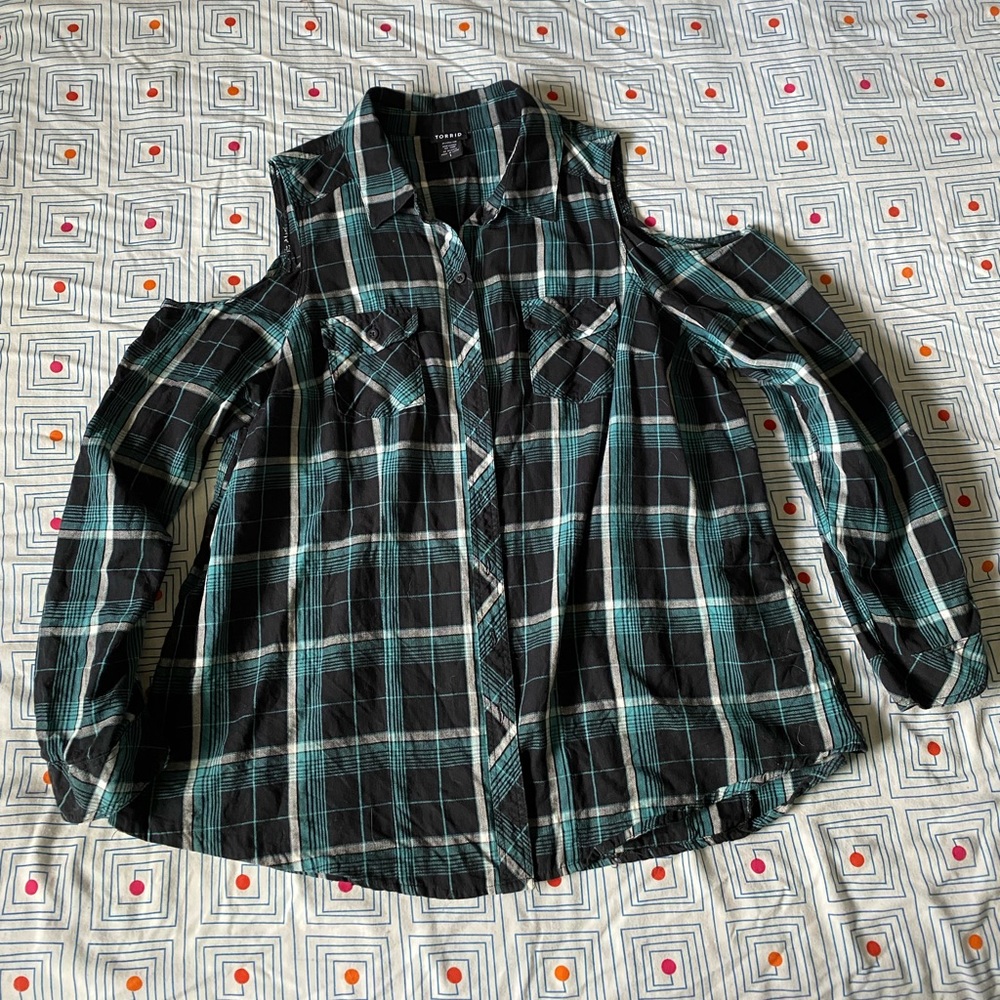 Torrid, cold shoulder button up